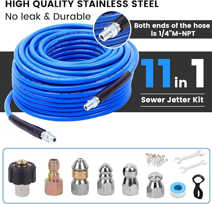 50FT Pressure Washer Sewer Jetter Kit, 5800 PSI Water Jet Drain Cleaner Hose with Corner Rotating Button Nose Nozzle, Sewer Jetting Nozzles Kit with Spanner Handle Strap