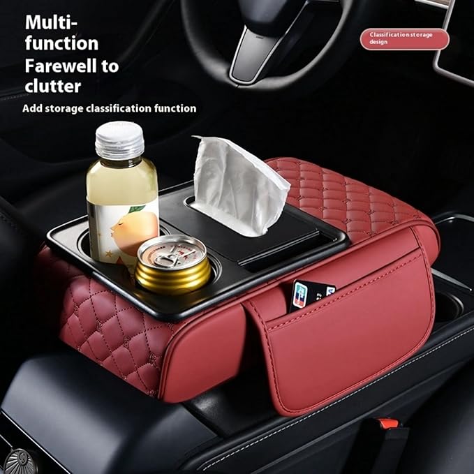 Center Console Cover Organizer, 5-In-1 Arm Rest Cover for Car with Cup Holder & Storage Pocket & Tissue Holder, Armrest Cover Cushion Pad, Grid, Emma Orange