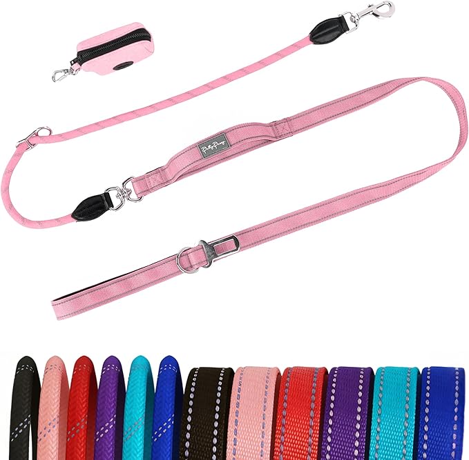 6FT Heavy Duty Dog Leash for Small Medium Large Dogs, Tangle Free Reflective Dog Training Leash with Double Handle, Seat Belt Buckle & Poop Bag Holder (Pink)