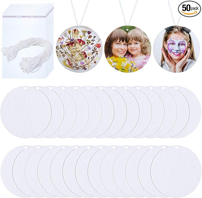 Maitys 50 Pieces Sublimation Air Freshener Blanks Car Scented Hanging Round Felt Air Freshener White Fragrant Sheets with 100 Pieces Bags and Elastic Rope for Car Interior Use and Decor