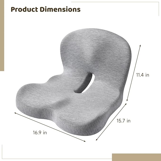OMISTAR Car Seat Cushion with Ergonomic Design, Memory Foam Seat Cushion for Lumbar Support, Breathable Fabric, Non-Slip, Ideal for Car and Office Use, 15.7 x 16.9 x 11.4 in, Gray