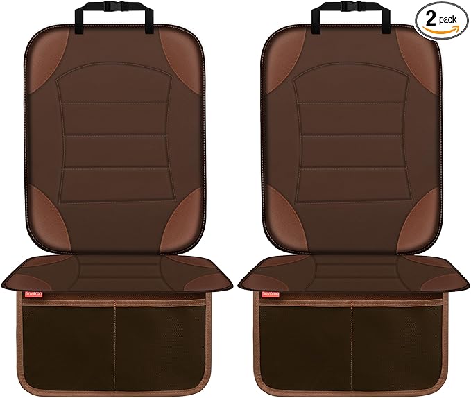Sinvitron Car Seat Protector for Child Car Seat - Waterproof Non-Slip Leather Mat with 2 Mesh Pockets, Universal Seat Cover for Baby, Pets & Vehicles(2-Pack, Brown)