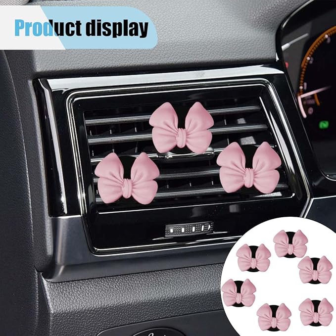 6PCS Bow Car Air Freshener Clips, Cute Air Conditioning Vent Clip, Aesthetic Car Interior Decoration Accessories, Automotive Dashboard Air Vent Trim Clip for Women Girl (Pink)