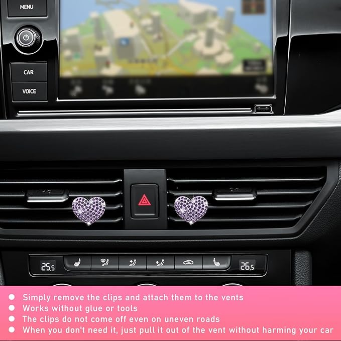 Ziciner 2PCS Bling Heart Car Air Vent Clips Charms, Heart Shaped Crystal Car Air Freshener Vent Clips, Rhinestone Air Conditioning Outlet Clip, Vehicle Decor Accessories for Women Girls (Purple)