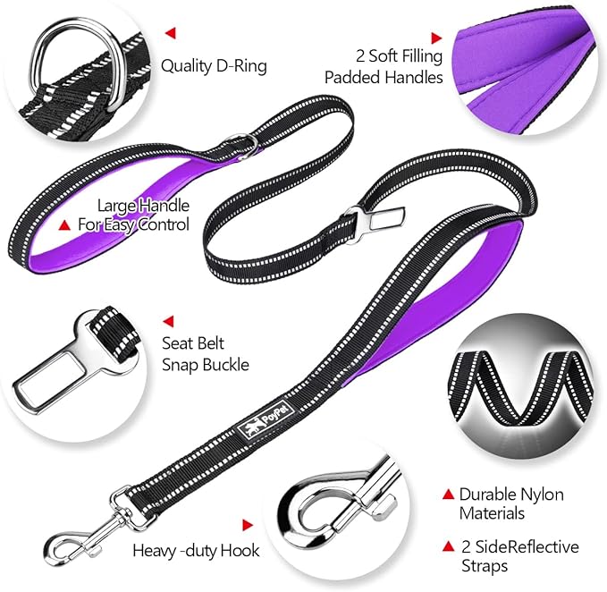 PoyPet 5 Feet Dog Leash - 3M Reflective - 2 Cushioned Handles - Functional Car Seat Belt (Purple)