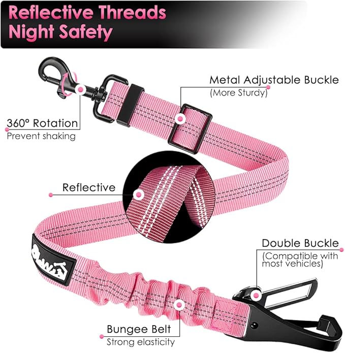 SlowTon Dog Seat Belt for Car, Adjustable 3 in 1 Dog Seatbelt with Elastic Bungee Buffer, Nylon Heavy Duty Dog Car Harness Reflective Safety Tether Leash with Latch Hook Clip Pink