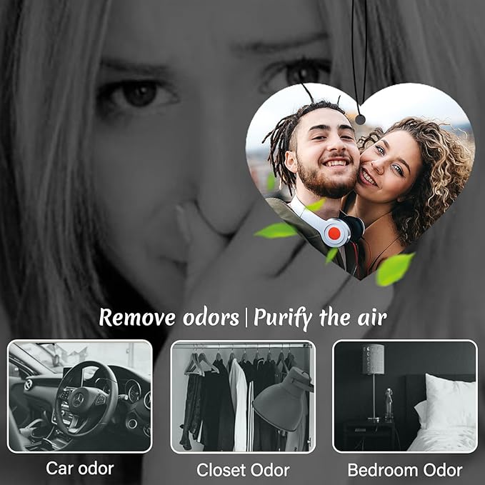 Custom Air fresheners with Picture - Personalized Photo Air Freshener for Car,Personalized Double Side Photo Text for Car Bathroom, Wardrobe Gifts for Boyfriend Men Women (Heart, personalized)