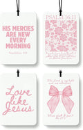 Pink Christian Car Air Freshener 4 Pcs, Girly Pink Bow Floral Religious Hanging Air Freshener for Cars Closet Drawer Books, Cute Preppy Christian Car Accessories Mirror Decor for Women