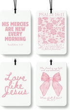 Pink Christian Car Air Freshener 4 Pcs, Girly Pink Bow Floral Religious Hanging Air Freshener for Cars Closet Drawer Books, Cute Preppy Christian Car Accessories Mirror Decor for Women