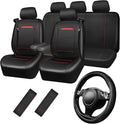 CAR PASS Leather Car Seat Cover Full Set with Steering Wheel Cover and 2PCS Seat Belt Shoulder Pads,for Trucks and SUV with Built-in Seatbelts and Front Seat Side Armrests(Combo Set, Black and Red)
