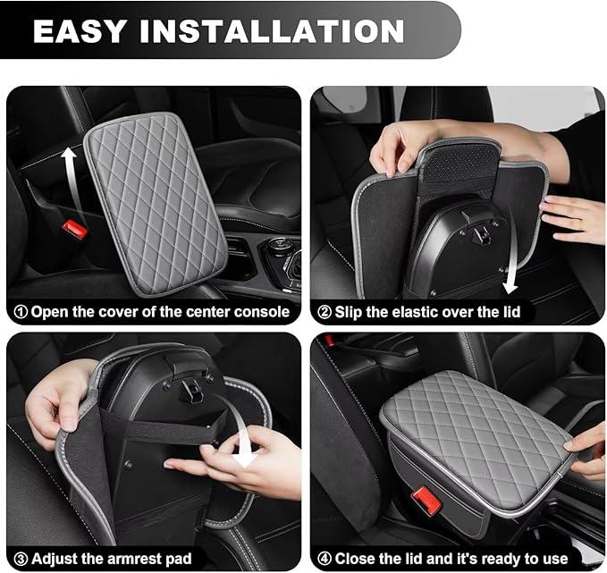 Upgraded Car Center Console Cover Fit for Land Cruiser Faux Leather Car Armrest Cover Cushion with 2 Storage Bags,Car Armrest Storage Box Interior Accessories(Grey&Whiteline)