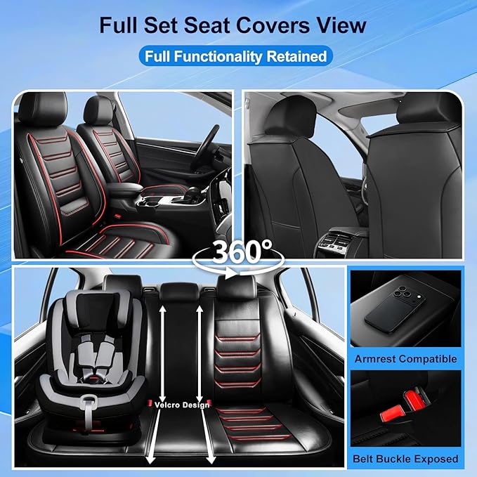 Fit Impala Car Seat Covers for Select Chevrolet/Chevy Impala 2000-2020, Premium Full Coverage Leather, Airbag Compatible, Waterproof All Weather Seat Protector, Full Set, Red Trim