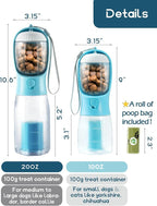 Portable Water Bottle for Small Dogs, 3 in 1 Pet Travel Bowl Dispenser with Food Treat Container & Poop Bag Holder, Summer Hiking Walking Accessories for Puppy On The Go - Blue, 10oz