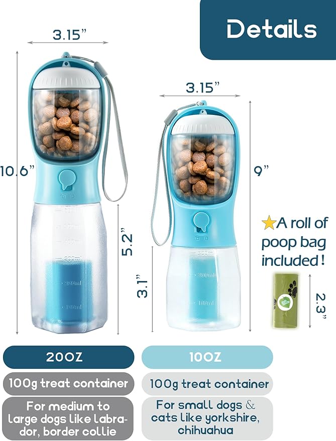 Portable Water Bottle for Dogs, 3 in 1 Pet Travel Bowl Dispenser with Food Treat Container & Poop Bag Holder, Summer Walking Hiking Accessories for Large Dog On The Go - Darkblue, 20oz