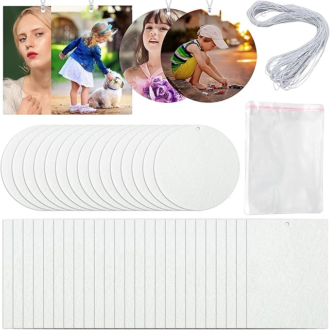 101Pcs Air Freshener Sublimation Blanks Kit Car Scented Hanging Sheets DIY Felt Sublimation Blank Air Freshener Sheet for Car and Home with Elastic Rope and Self-Seal Bags (Circle+Rectangle)