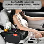 Car Armrest Pad with Built-in Induction Charging, Leather Center Console Cushion with 15W Power Pad, Dual Cup Holders, Storage Pockets - Grey