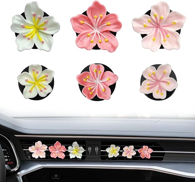 6PCS Car Cherry Blossom Vent Clips Cute Floral Scented Air Freshener Decor Pink Floral Auto Accessories for Women Aesthetic Car Interior Decorations