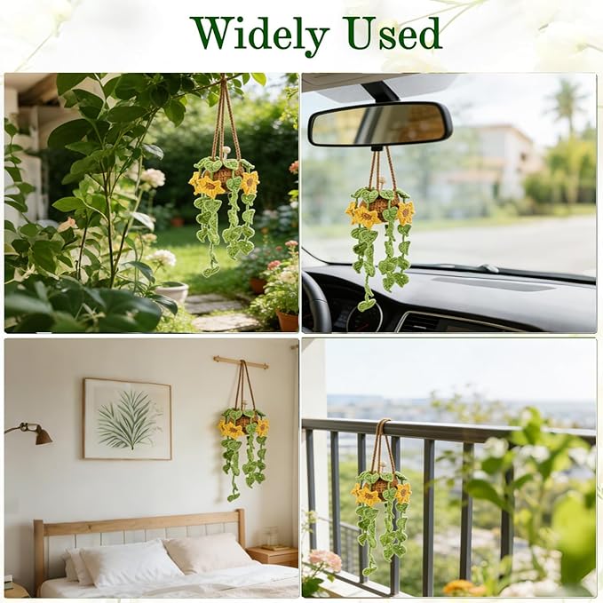 Crochet Car Air Freshener, Sunflower Car Rearview Mirror Diffuser with 8ml Refillable Essential Oil Bottle, Adjustable Strap Hanging Clamp, Crochet Hanging Plant for Car Home Office Decor