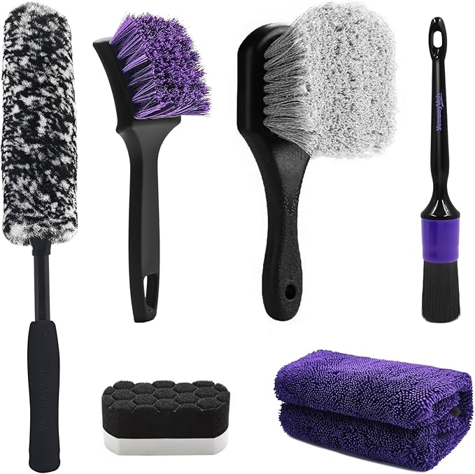 YeewayVeh 6Pcs Car Wheel & Tire Brush Kit, Professional Wheel Detailing Kit with Scratch-Free Rim Brush, Tire Brushes, Detailing Brush, Microfiber Towel & Tire Shine Applicator Pad, Vibrant Purple