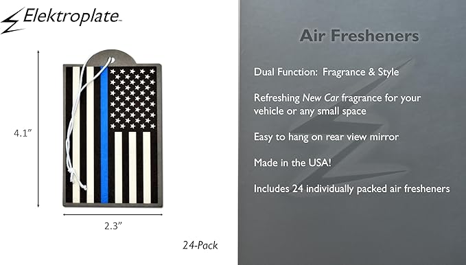 Elektroplate Police Thin Blue Line USA Flag Automotive Air Fresheners for Vehicles | New Car Scent (24-Pack) | Made in the USA