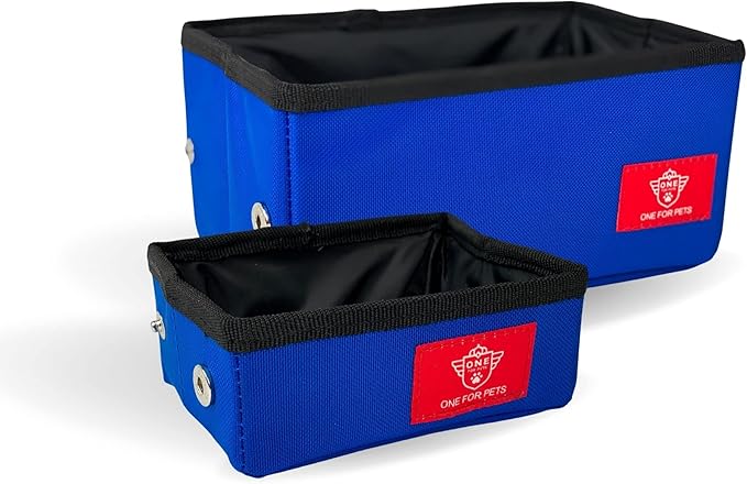 One for Pets Portable 2-in-1 Double Pet Kennel/Shelter, Fabric, Black/Royal Blue 20"x20"x39" - Car Seat-Belt Fixture Included (Collapsible Bowls)