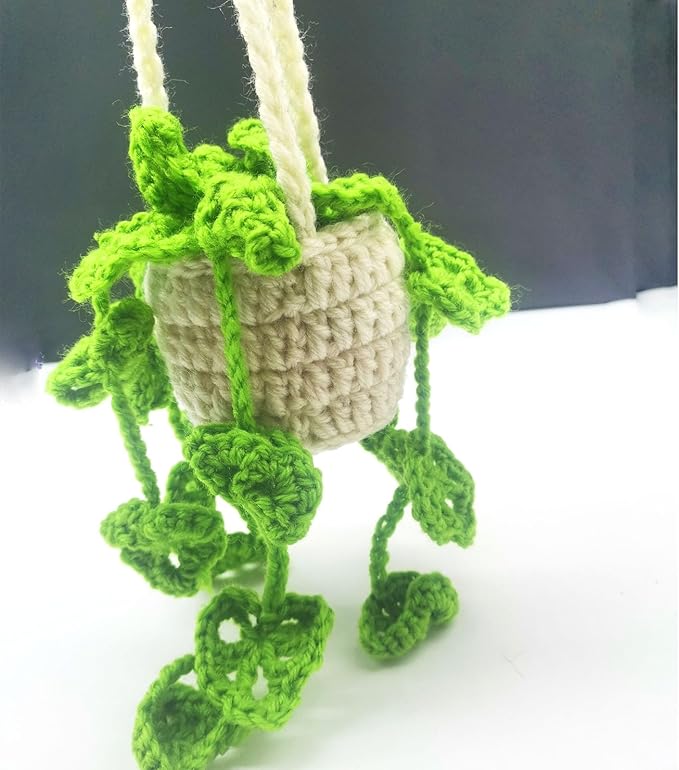 Car Hanging Ornament Knitted Boho Plant for Decor,Cute Crochet Car Hanging Plant Basket Ornament Rear View Mirror Decoration Accessories