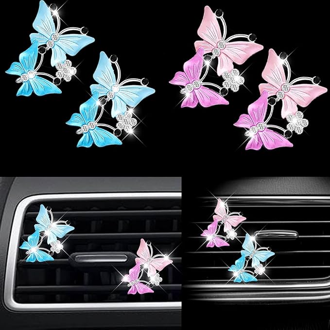 HungMieh 4 PCS Car Vent Clip Air Freshener, Butterfly Car Interior Accessory in Pink&Blue for Women, Car Outlet/Vent Décor Charm with Refill Pads for Dropping Fragrance