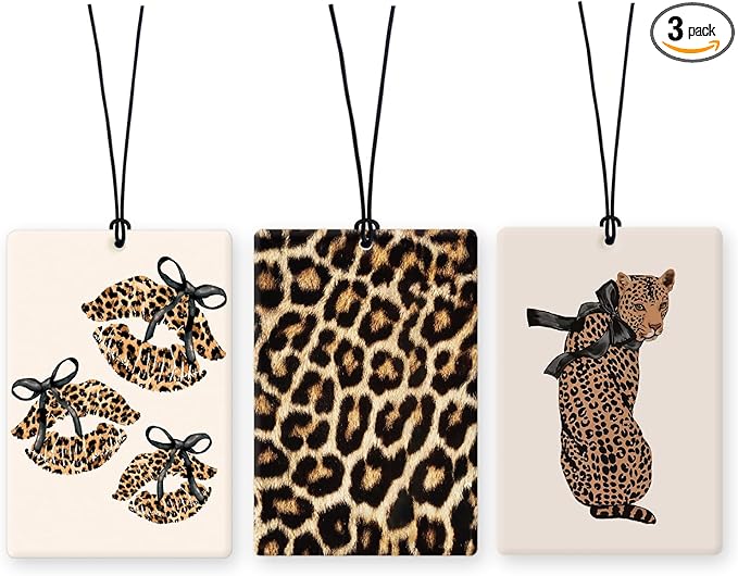 Lacama Trendy Retro Cheetah Car Air Freshener 3Pcs, Coquette Black Bow Lips Leopard Print Cars Scents Air Freshener for Women Girls Gifts, Girly Car Accessories Interior Mirror Decor Hanging