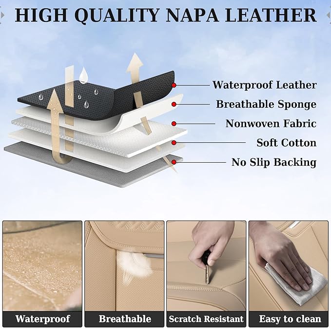 Coverado Car Seat Covers Full Set, Seat Covers Waterproof, Nappa Leather Seat Covers for Cars, Front and Back Car Seat Protector, Breathable Seat Cushion, Seat Cover Universal Fit Most Cars(Beige)