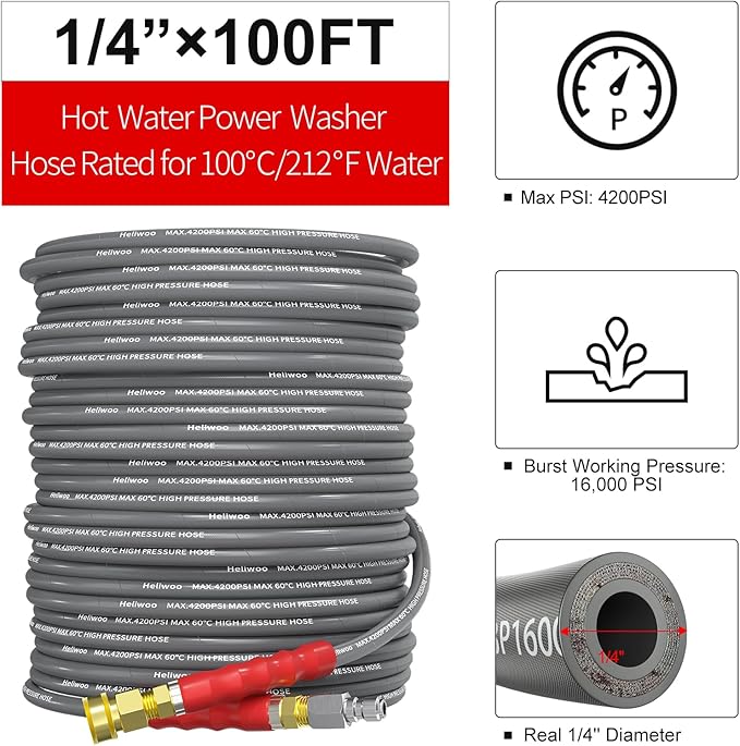Pressure Washer Hose 100ft 4200PSI with 3/8 Quick Connect, 1/4 Commercial Grade Steel Wire Braided Kink Resistant Power Washer Extension Hose, Flexible Replacement Hose Adapter Set