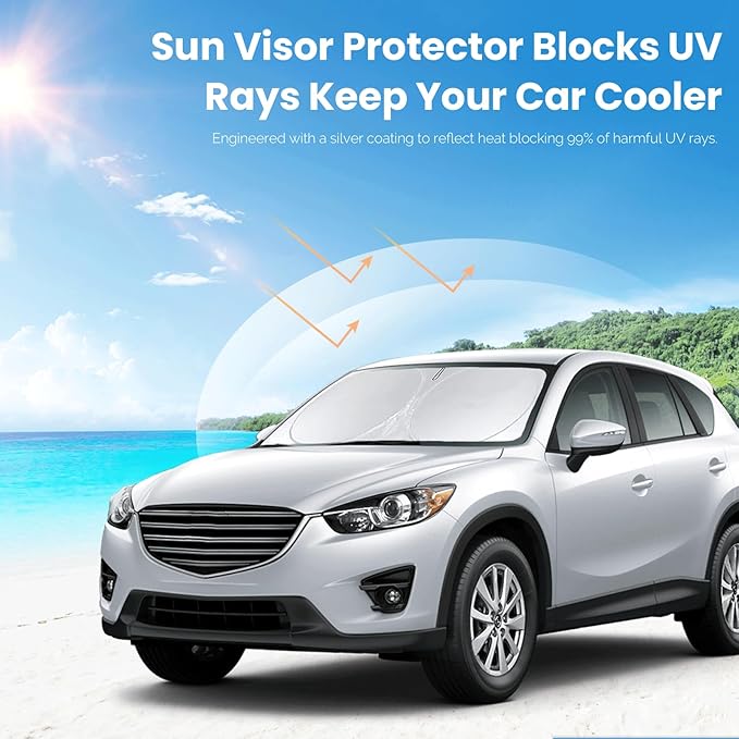 Windshield Sun Shade Compatible with 2024 2023 2022 2021 2020 2019 2018 Mazda CX5 CX-5, CX-3, CX-9,Front Window Sunshades 210T Reflective Polyester Sun Visor Cool Car Accessories