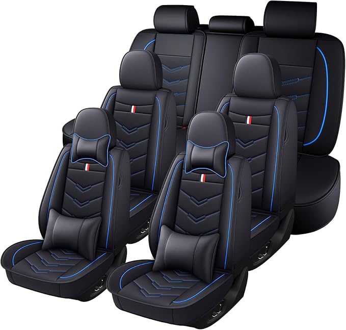 Car Seat Cover 7 Seats for Toyota Highlander 2001-2025, Waterproof Durable Premium Leather Car Seat Protector, Comfortable Anti-Slip Stylish Sport Seat Cover(7 Seats Luxury,Black Blue)