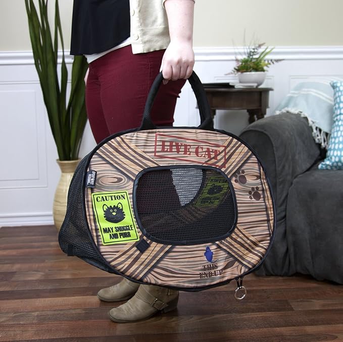 SportPet Designs Pop Open Cat Carrier, Soft-Sided Collapsible Travel Carrier for Cats up to 15 lbs, Lightweight Portable Design with Mesh Ventilation & Secure Zippers, Patterned Live Cat