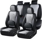 Coverado Car Seat Covers Full Set, Black Gray Seat Covers for Cars, Waterproof Nappa Leather Automotive Seat Covers with Lumbar Head Pillow, Car Seat Protectors, Universal Fit for Most Cars SUV