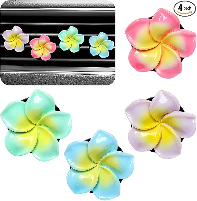4PCS Flower Car Air Vent Clips, Cute Plumeria Automotive Air Fresheners Vents Clips Decoration, Girly Flower Auto Perfume Diffuser Decor Charm for Women (Blue+Green+Rose Red+Purple)