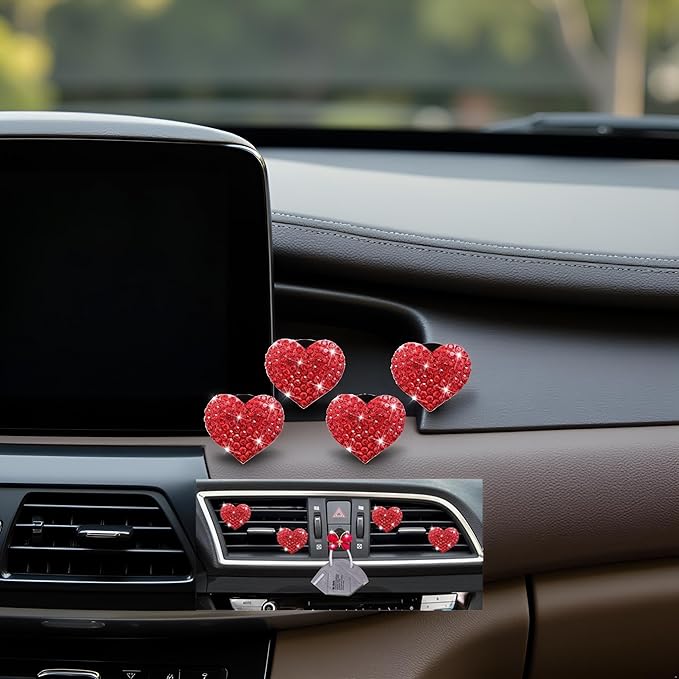 5 Pcs Bling Red Hearts Air Vent Clips, Heart Shape Crystal Car Air Vent Clip Charm Car Air Fresheners for Women Rhinestone Diffuser Vent Clip Cute Decor Bling Cars Accessories,Interior Accessories