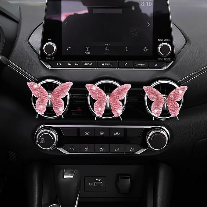 Dotesy 2 Pack Bling Bling Butterfly Air Vent Clips Crystal Butterfly Car Air Fresheners Vent Clips Diamond Cute Car Interior Decor for Women (Pink)