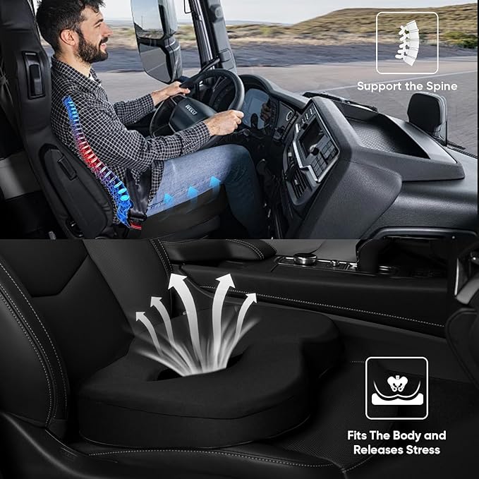 MINUPWELL Truck Seat Cushion, 100% Memory Foam Seat Cushion for Truck Driver, Semi Truck Accessories for Men Seat - 18x14.5x3.5in - Black