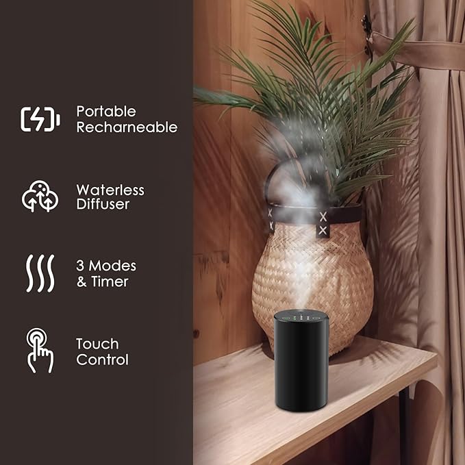 Waterless Essential Oil Diffuser, Battery Powered Mini Scent Air Machine, Aromatherapy Mist Diffuser for Home Room Car Office (Black Aluminum Alloy)