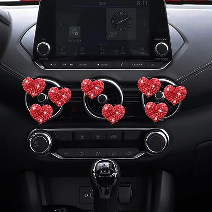 8 Pcs Bling Heart Air Freshener Vent Clips - Crystal Heart Rhinestone Car Decoration, Cute Car Accessories for Women Girls (Red)