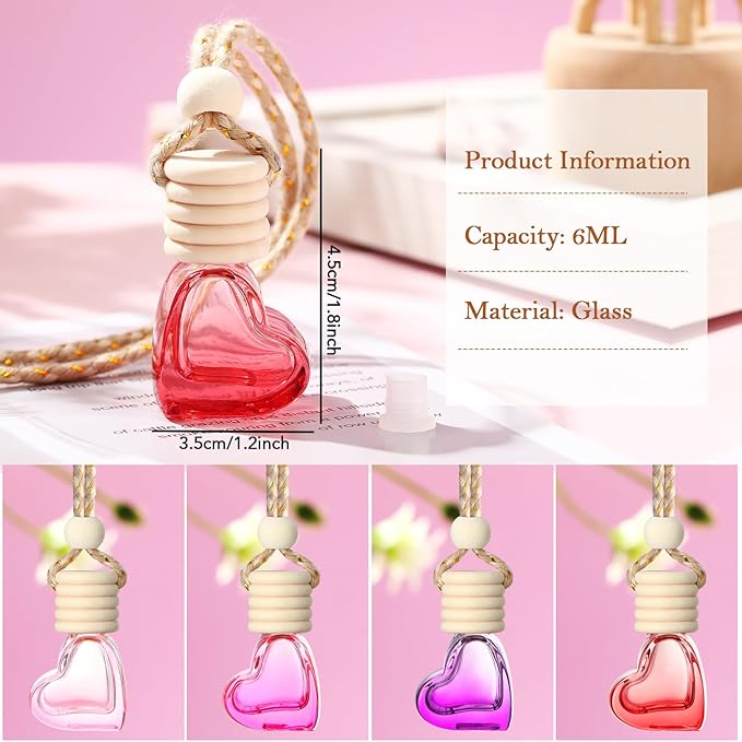 Rtteri 100 Pcs Hanging Car Air Freshener Diffuser Bottles Empty Glass Perfume Diffuser Vials Refillable Oil Aromatherapy Pendant with Wooden Caps and Hanging String for Car Home Office Decor(Heart)