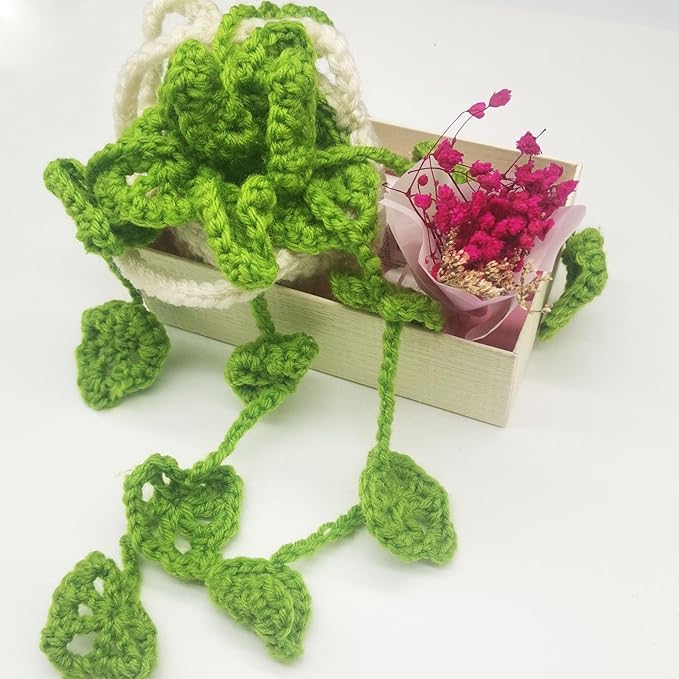 Car Hanging Ornament Knitted Boho Plant for Decor,Cute Crochet Car Hanging Plant Basket Ornament Rear View Mirror Decoration Accessories
