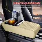 Car Center Console Armrest Pillow, 13.19"×7.87" Leather Car Arm Rest Cover, Memory Foam Auto Armrest Cushion with Cup Holder Phone Slot, Universal Vehicle Middle Console Cushion Pad (Beige)