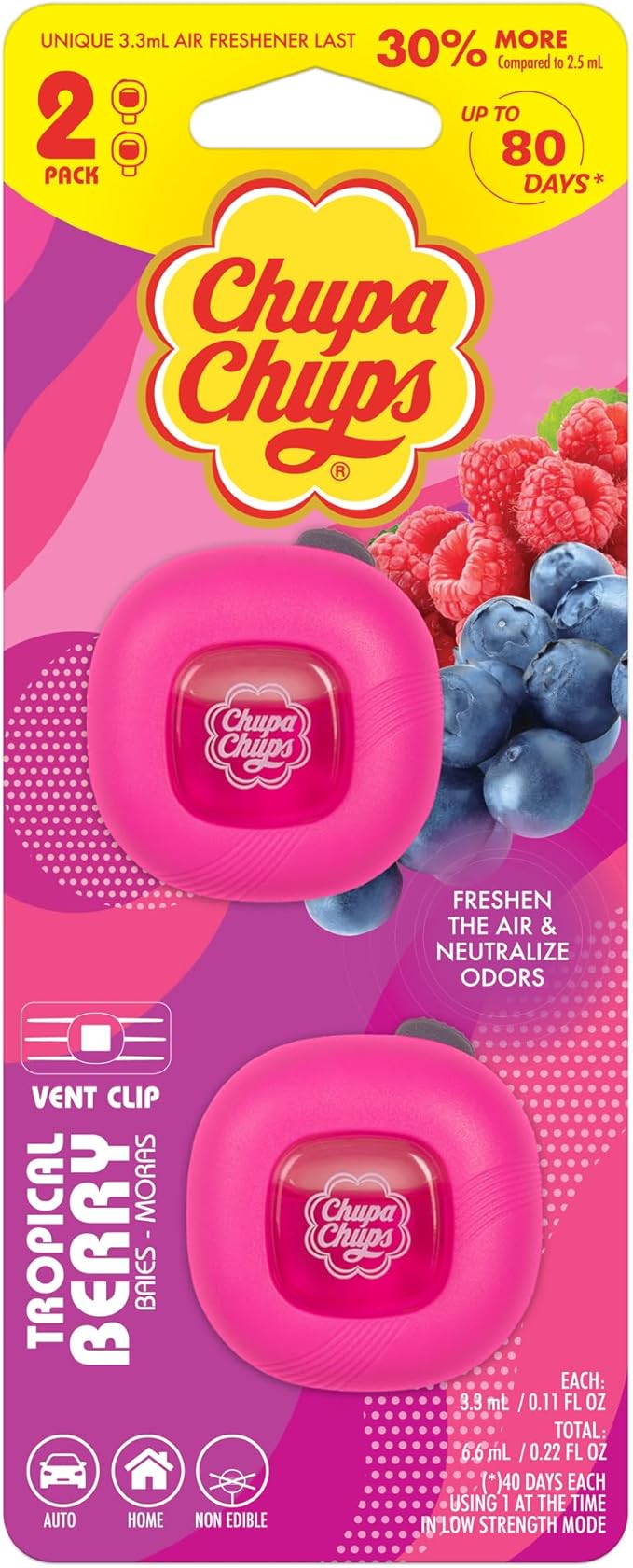 Chupa Chups Car Air Freshener, Tropical Berry - Long Lasting Car Fresheners with Fun Scents, Colorful and Vibrant Air Freshener for Car, Unique Car Freshner Perfume Deodorizer Refresher Fragrance