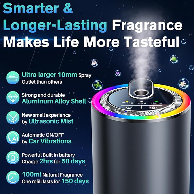 Smart Car Air Freshener Diffuser with Starry Sky Projection, 50ml Perfume Car Diffuser, 6 Months Long-Lasting Fragrance, RGB Music-Sync Lights, Intelligent Auto On/Off, 3 Modes, Cologne