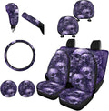 FKELYI Skeleton Car Seat Covers Full Set Purple Floral +Multicolor Mandala Cup Coasters+Headrest Covers+Anti-Slip Steering Wheel Cover+Gear Shift Cover+Handbrake Cover