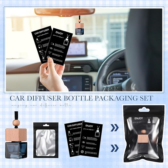 Boao 50 Sets Hanging Car Air Freshener Diffuser Bottles with Instruction Card and 4 x 6'' Resealable Holographic Bag for Empty Car Essential Oil Perfume Bottles Packaging (Cube,Black)