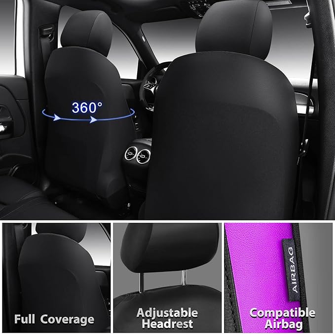 CAR PASS Memory Foam Car Seat Covers,Air Cool Mesh Thick Seat Covers Front Seats,Purple Metal Film Leather Seat Cover for Car,Universal Comfort for Most Car,Truck,Airbag Compatible,Black Purple