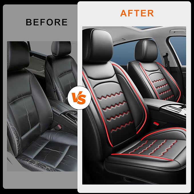CX-50 Car Seat Covers Fit for Mazda CX-50 2023-2026, Full Coverage Premium Leather Waterproof Breathable Seat Covers, Automotive Seat Protectors, Airbag Compatible(2 Front Seats, Black & Red)