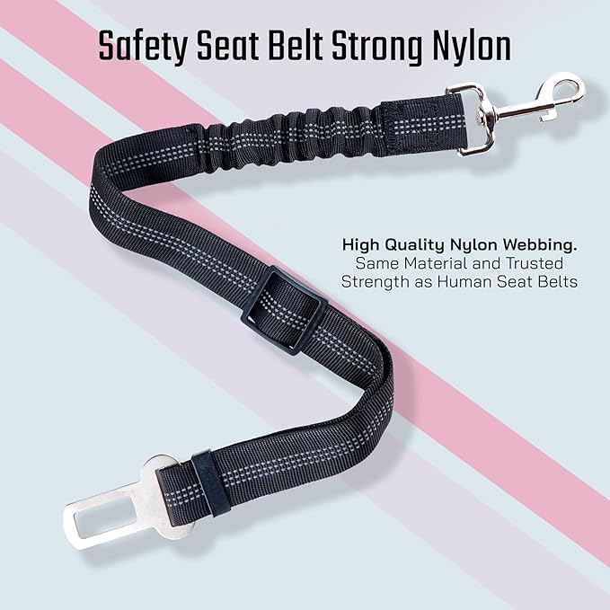 Janrie Dog Seat Belt, Adjustable Dog Seat Belt for Car - Retractable Vehicle Nylon Pet Safety Dog Car Harness, Metal Buckle with Elastic Bungee Buffer,Heavy Duty Seat Belt (1 Pack Black)